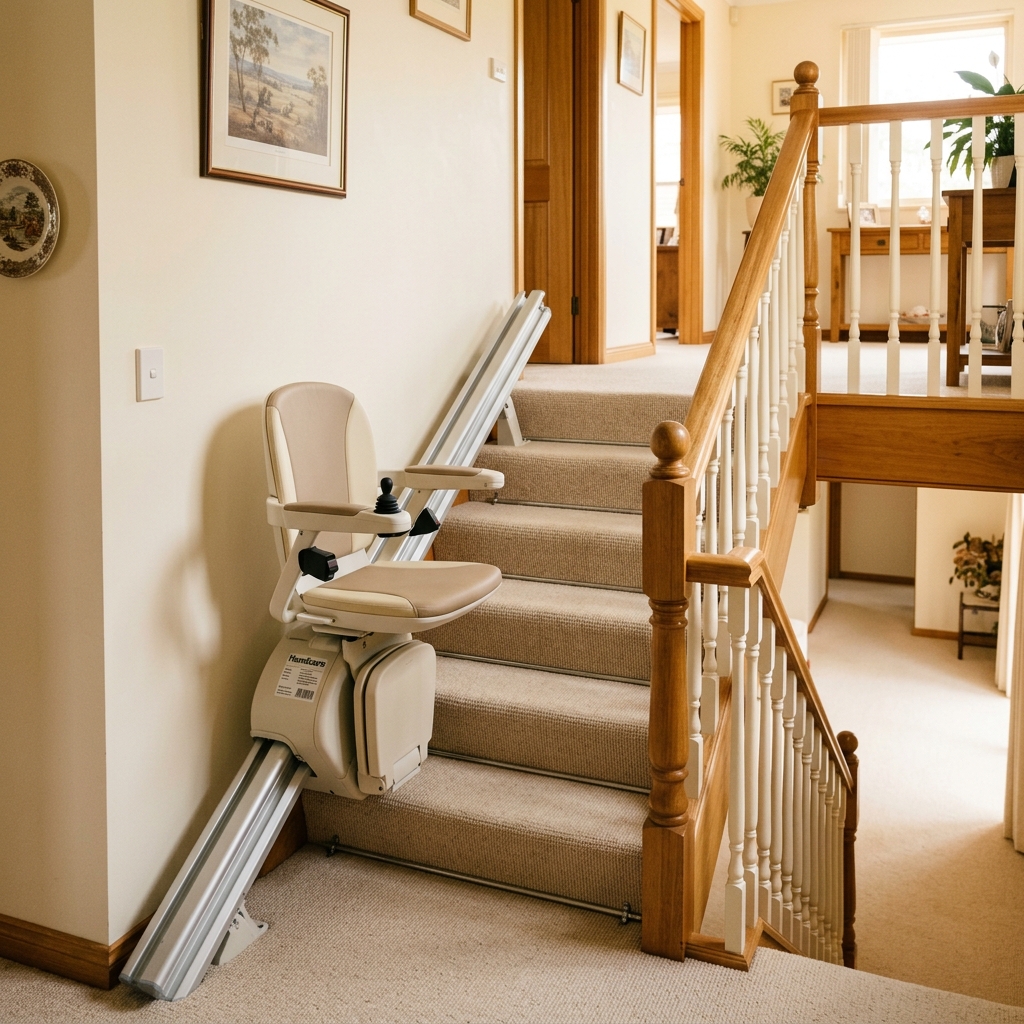 A stairlift chair on a rail along a carpeted staircase in an Australian home